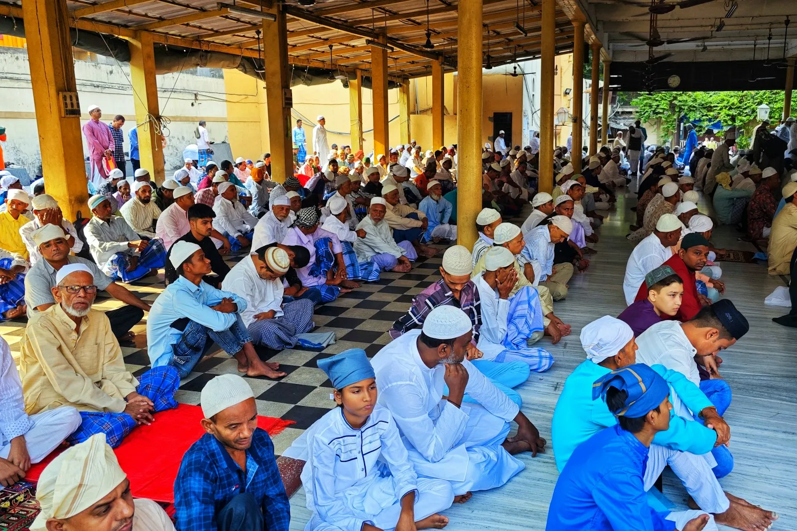 a large group of people sitting on the ground